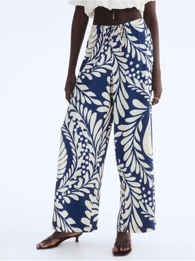 Wide-Leg Printed Palazzo Pants - Navy & Cream